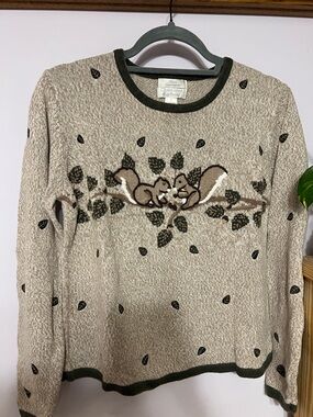 Christopher & Banks Hand Embroidered  Squirrel Crewneck Sweater